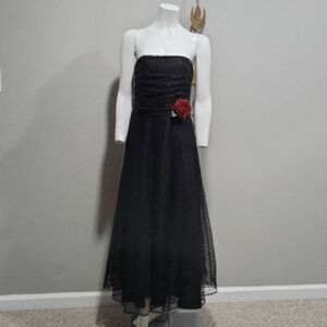 Vintage 80 Gunne Sak Prom Dress Size 7 Black Mesh Rose Swiss Dot Strapless Tulle